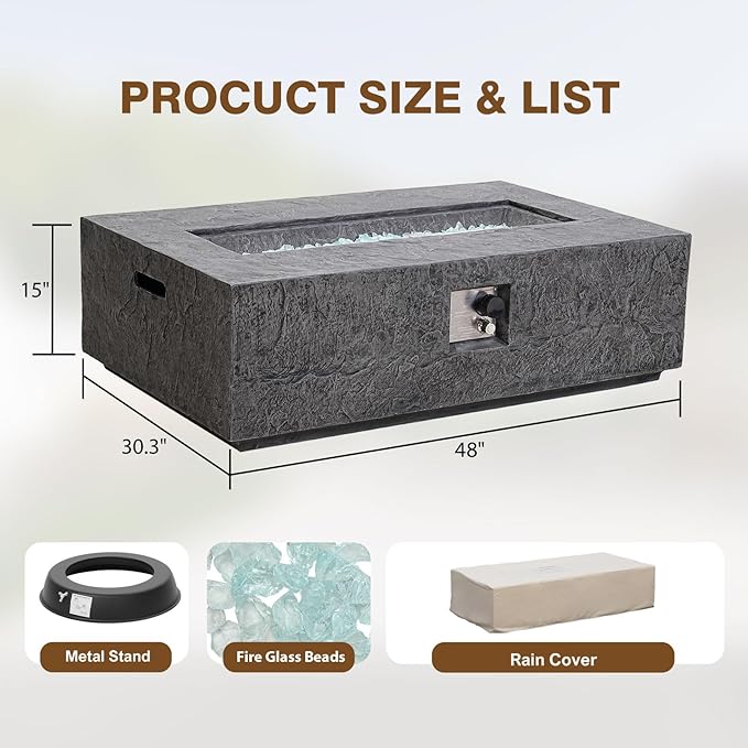 Outdoor Propane Fire Pit Table – Premium Slate-Like MgO Finish, 48-Inch Gas Fire Table for Patio, Garden & Backyard, Includes Rain Cover & Glass Beads