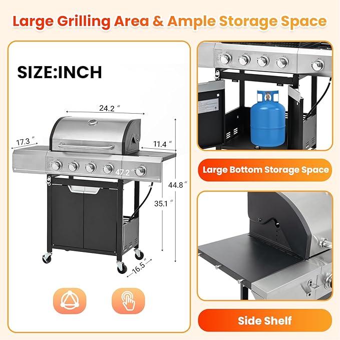 4-Burner Propane Gas BBQ Grill with Side Burner, Porcelain-Enameled Cast Iron Grates and Grills Cover, 51,000 BTU Stainless Steel Grill for Outdoor Camping Barbecue Grilling Backyard Cooking