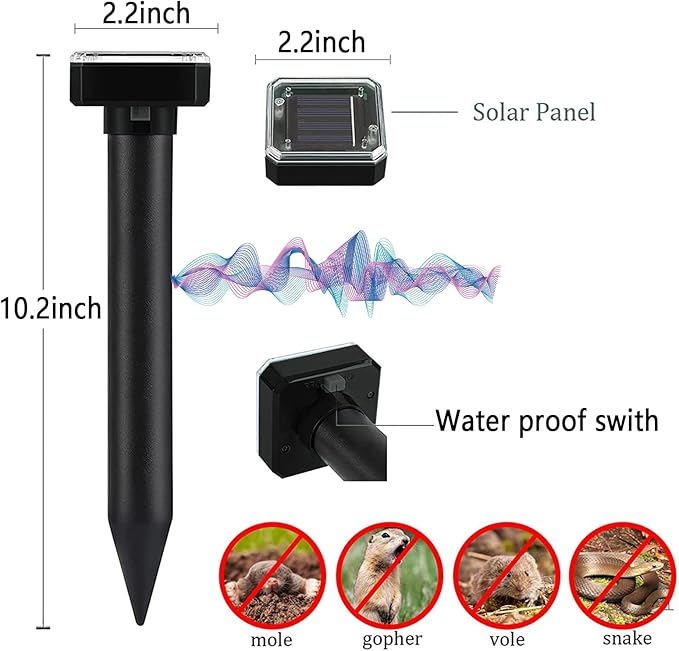 Solar-Powered Mole Repellent 10P Outdoor, Gopher Repellent for Lawn Garden Yard, Mole and Vole Repeller Waterproof, Effectively Repels Gophers Snake Black
