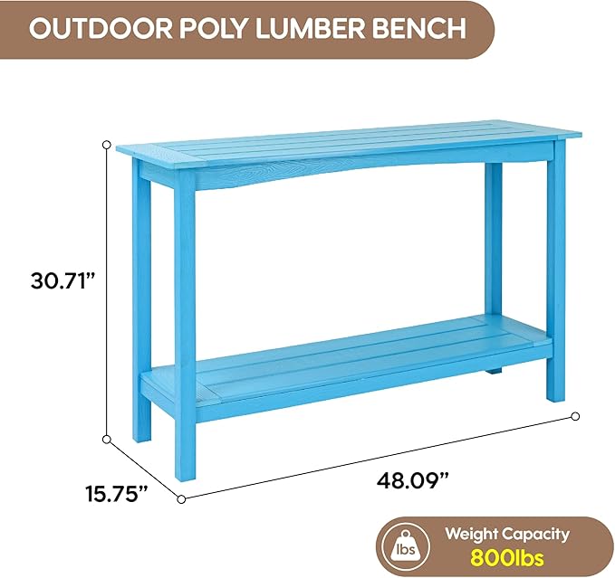 Weatherproof HIPS Outdoor Console Table, 48'' 2-Shelf SideTable Indoor/Outdoor Use, Multifunctional Buffet Table Bar Storage Organizer for Entryway,Yard, Patio, Outside Plant Stand Table, Blue