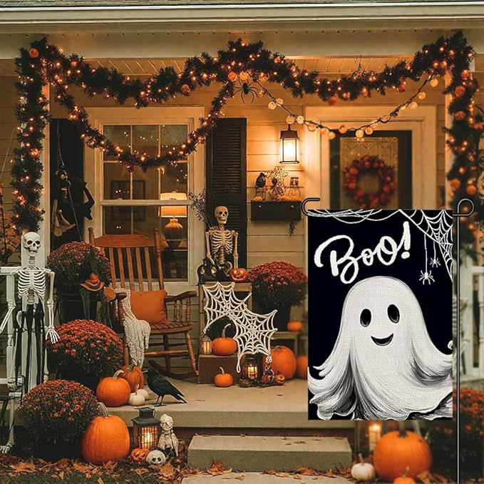 Halloween Ghost Garden Flags for Outside 12x18 Double Sided Burlap, Spooky Boo Sign Welcome Small Flag Farmhouse Holiday Yard Lawn Outdoor Decorations DF886