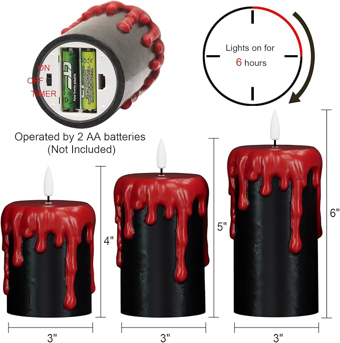 Eldnacele Black Flameless Pillar Candles Battery Operated with 6H Timer, Red Real Wax Dripping Effect 3D Wick Flickering LED Candle Lights Dinner Halloween Decoration(3 Pack, 3 x 4,5,6 Inches)