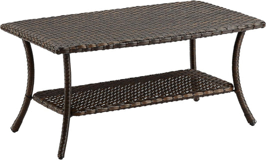 Patio Tables Outdoor Coffee Table - Wicker Rattan Coffee Tables with 2-Tier Storage Shelf Side Table for Porch Deck Balcony Garden Outside Rectangle Brown