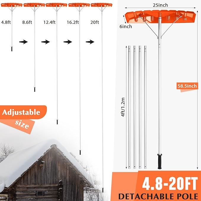 Gisafai Snow Roof Rake Snow Removal Tool with 5 Section Tubes 25 Inch Blade Adjustable 4.8-20 ft Reach Aluminum Shovel Rugged Slide for Single Cabins Car Roof(Orange)