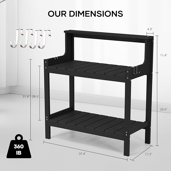 Outdoor Potting Bench HDPS Potting Table with 4 Side Hooks All-Weather Garden Table Work Station 360lbs Capacity Garden Potting Bench for Porch Black