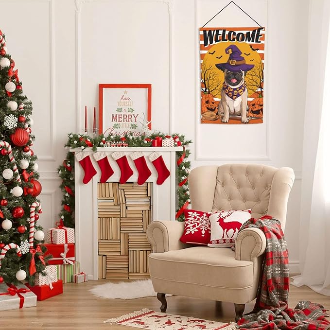 Halloween Pug Dog Pumpkin Bat Skull Garden Flag Welcome Party Outdoor Outside Decorations Picks Home House Garden Yard Decor 12x18 Inch