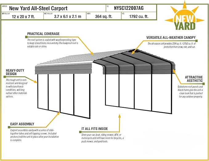 12x20 FT Heavy Duty All-Steel Carport Canopy, All-Weather Outdoor Metal Shelter for Truck, Boat, Tractor & Storage