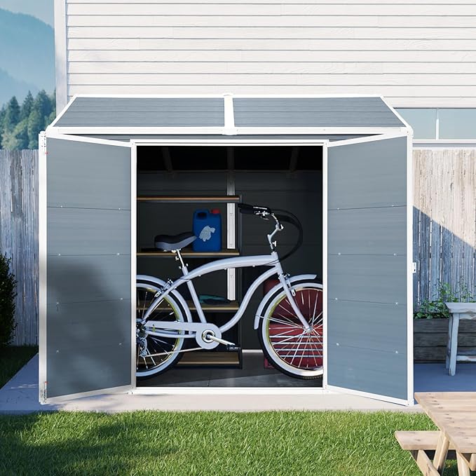 8x6 FT Resin Storage Sheds Outdoor with Floor, 2 Windows & Lockable Door Storage Shed - Waterproof Garden Tool Shed, Patio & Backyard Tool Storage Cabinet Use - Gray