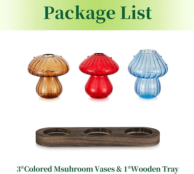 Glass Propagation Station for Plant: Mushroom Planter with Wooden Stand for Home Office Decor - Unique Propagation Jars for Plant Lovers - Set of 3 Hydroponic Mushroom Vases Gift for Mom