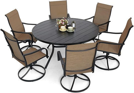 7-Piece Outdoor Dining Set, 58'' Round Table with 6 Swivel Chairs All Weather Furniture Set - Brown Style2