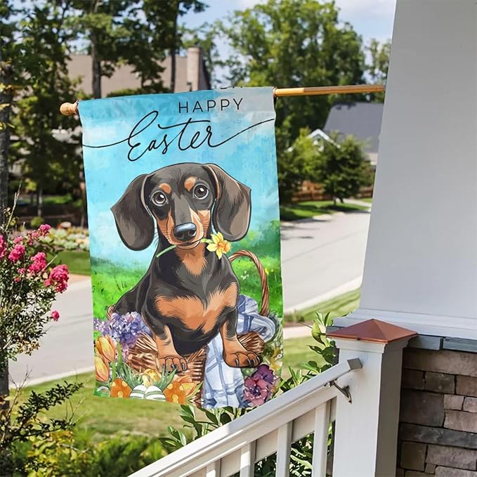 Flower Dachshund Dog Happy Easter Bunny Cute Egg Garden Flag Welcome Party Outdoor Outside Decorations Picks Home House Garden Yard Decor 12x18 Inch