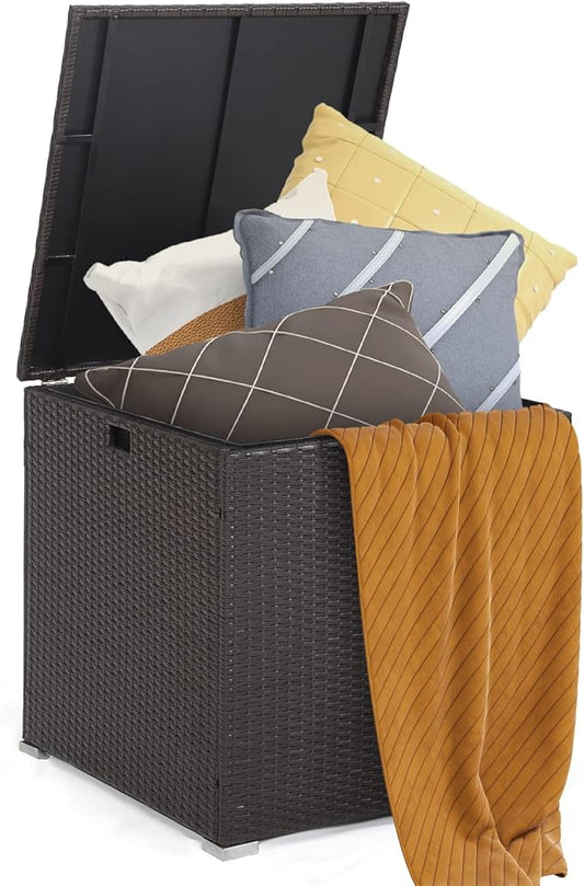 Tangkula 72 Gallon Square Deck Box, Patio Mix Brown Rattan Storage Container w/Zippered Liner & Solid Pneumatic Rod, Sturdy L-Shaped Aluminum Feet, Outdoor Wicker Deck Box for Front Porch, Backyard