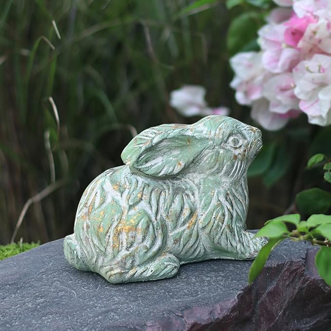 Garden Rabbit Statue Cement Bunny Decor Easter Bunny Figurines for Home Outdoor Garden Statues Cement Sculpture for Yard Patio Lawn Ornament, Green