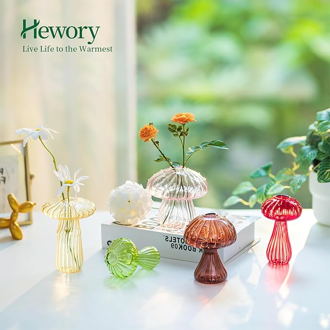 Mushroom Jars for Plants, Hewory 10pcs Colored Glass Mushroom Bud Vase for Flower, Unique Plant Propagation Stations Propagating Vases Decor, Mini Cute Hydroponic Terrarium Planter for Indoor Planters