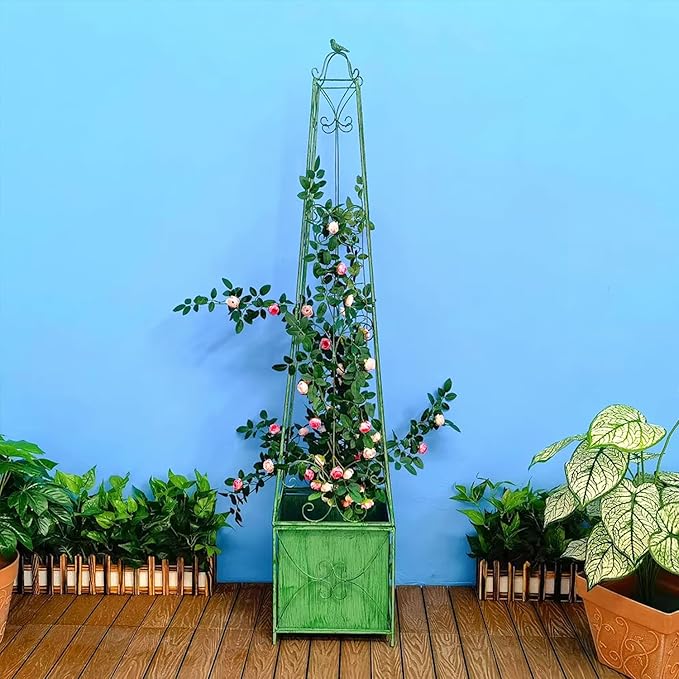 Sungmor Garden Obelisk Trellis with Planter Box - 5ft Metal Climbing Plant Support Tower with Bird Finial - Decorative Outdoor Wrought Iron Trellis for Roses, Clematis, Vines, Ivy - Distressed Green