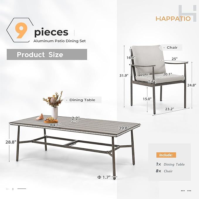 HAPPATIO 9-Piece Patio Table and Chairs Set for 8, Aluminum Outdoor Dining Set with Cushions, 8 Dining Chairs, 1 Large Rectangular Table with Umbrella Hole for Lawn, Porch, Backyard, Grey