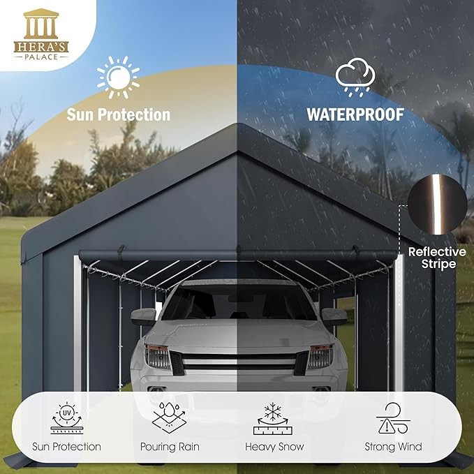 HERA'S PALACE Heavy Duty Storage Shed Outdoor Portable Car Canopy Carport Garage with 2 Rolled up Zipper Doors UV Resistant Waterproof Anti-Snow for Motorcycle Truck (Dark Gray, 13x24ft)