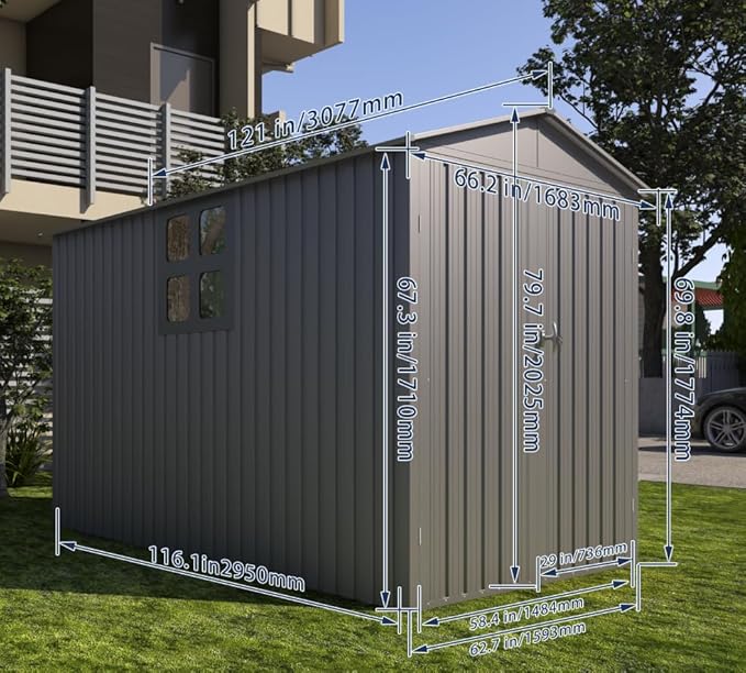 6x10 FT Outdoor Storage Shed, Metal Motorcycle Shed with Track & Fixing Device, Storage Building with Window & Lockable Hinged Doors, Waterproof Outside Garage Sheds for Garden, Backyard, Patio, Gray