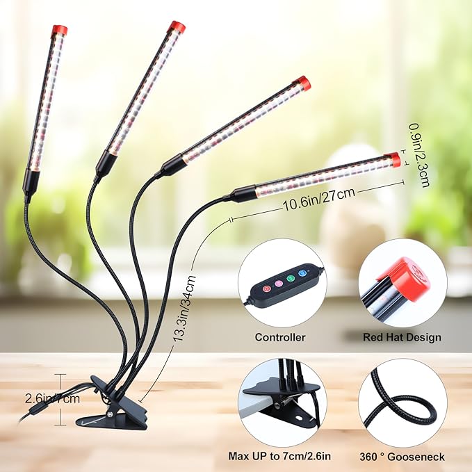 GameChanger! 36W, NOT 15W, 4Head Strong Clip Grow Lights for Indoor Plants with Timer, Best Gift for Plants Lover, LED Plant Growing Lamp for Houseplants, Bonsai, Seed Starting, Seedlings, VEG, Flower
