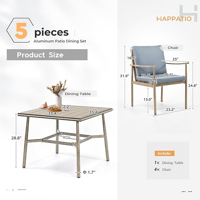HAPPATIO 5-Piece Outdoor Dining Set for 4, Aluminum Patio Dining Set Includes 1 Large Square Table with Umbrella Hole and 4 Dining Chairs, Patio Furniture Set for Lawn, Porch, or Backyard (Brown)