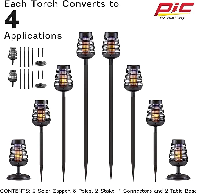 PIC Bug Zapper, 600V Solar Powered Insect Trap & Fly Zapper for Outdoor Use, LED Flickering Flame, Activates Automatically in Dark, Weatherproof Outdoor Fly Trap, Kills Bugs on Contact, Twin Pack