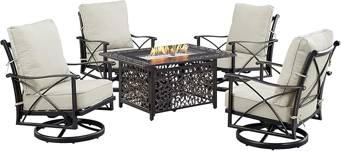 Oakland Living AHRI-4CH-CABOS-LGCU-AC Black Aluminum Patio Fire Table Set with Four Club Chairs, Antique Copper