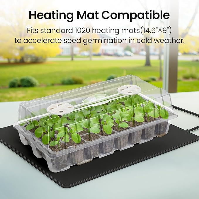 Bonviee 2-Pack Seed Starter Tray with Plant Light, Elevated Seedling Starter Trays Kits with Adjustable Humidity Domes and Clear Cell Tray, 12 Full Spectrum Led Lamp Beads for Plants Indoor-Clear