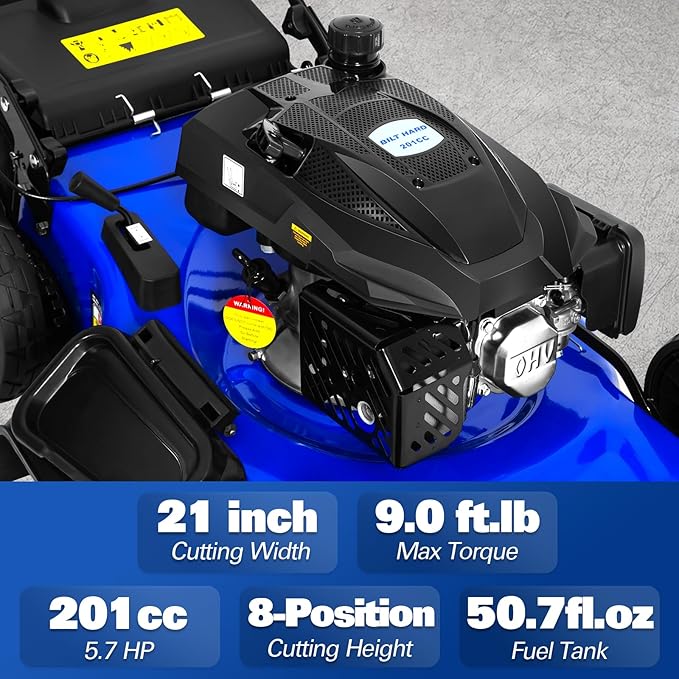 BILT HARD 21 Inch Self Propelled Gas Lawn Mower, 201cc 4-Cycle OHV Engine, 3-in-1 Functions (Bagging, Mulching and Side Discharge) with 8-Positions Adjustable Cutting Height, Easy Start