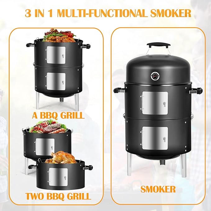 Charcoal BBQ Grill, Heavy Duty 3-in-1 Barbecue Smoker Grill for Garden Camping Outdoor Cooking and Grilling