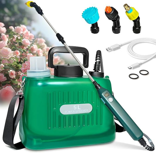 Battery Powered Garden Sprayer 1.35 Gallon, Electric Powered Sprayers, Weed Yard Lawn Sprayer with Battery Indicator, 3 Mist Nozzles, Retractable Wand & Adjustable Strap for Yard, Lawn, Garden