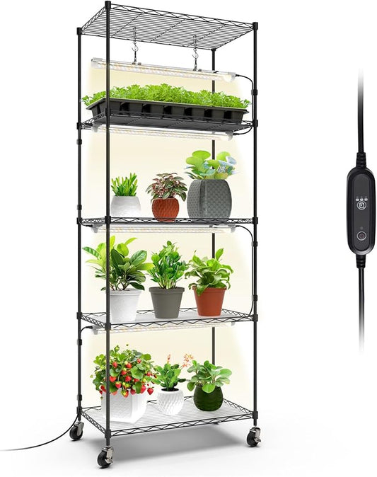 Plant Shelf with Grow Light with Timer, Metal Plant Stand with Adjustable Rack and Wheels, 4 Pack T8 Full Spectrum Grow Light Strip for Indoor Plants, Seed Starting, Seed Tray, 23.5"x13.8"x59"