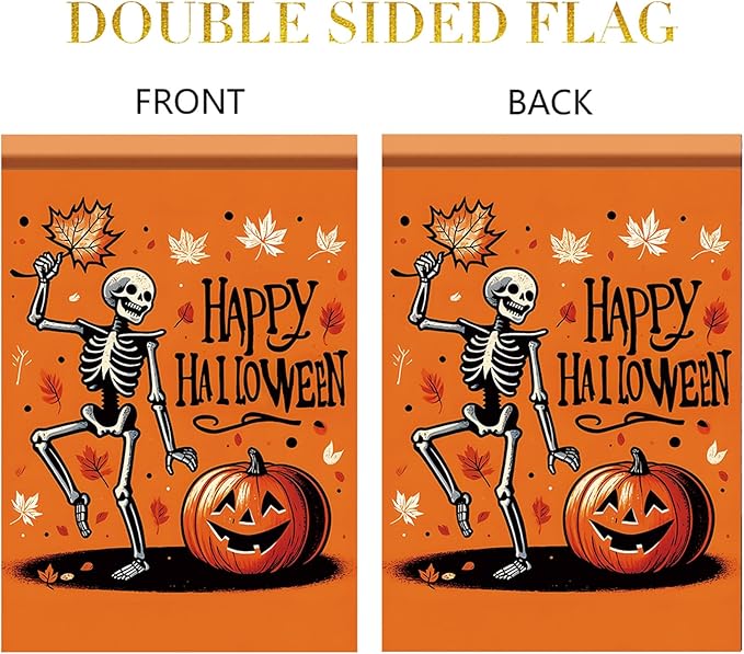 Halloween Garden Flag Skeleton Pumpkin Flag Outdoor Fall Yard Decor 12x18 Inch Double Sided Decorative Banner for Lawn Patio Holiday Party Decoration Spooky Autumn Seasonal House Flag