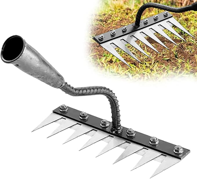 Upgrade Iron Weeding Rake 2.0, 2025 New Iron Rake for Gardening and Weeding, 8 Teeth Carbon Steel Garden Weeder Tool, Detachable Gardening Hand Weeder Puller Tool for Dethatching Lawn Loosening