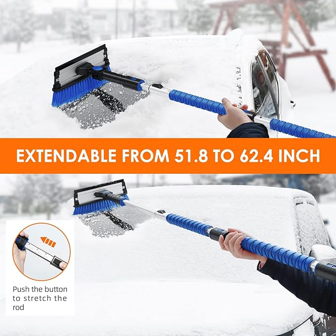 AstroAI 62.4" Ice Scrapers for Car Windshield, 3 in 1 Sturdy Snow Brush with Squeegee, 10 Adjustable Length Settings, Extendable Aluminum Handle, 180° Pivoting Snow Brush for Car, Truck, SUV(Blue)