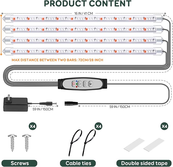 4 Bars Grow Light Strips for Indoor Plants with Auto ON/Off Timer 6/12/18H, 5 Dimmable Levels for Shelves Plant Growing(Pack 1)