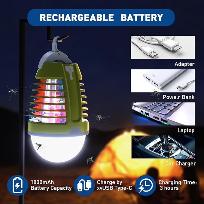 Portable Bug Zapper Outdoor Indoor, Electric Mosquito Fly Killer Lamp with Three Lighting Mode, USB Rechargeable Light Bulb Zapper for Camping, Home, Patio (3 Pack)