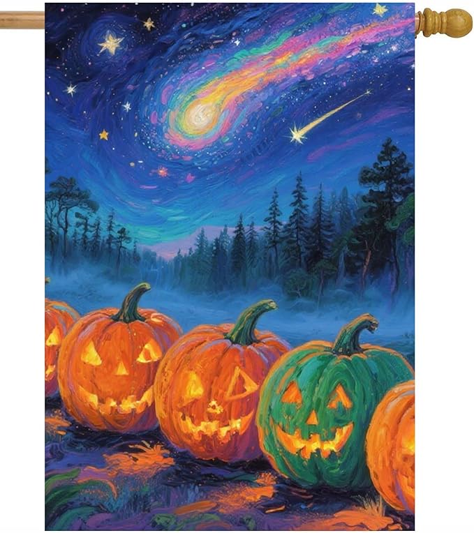 Halloween Jack O Lantern Pumpkins Starry Night Forest Holiday House Flag 28" x 40" Double Sided Polyester Welcome Large Yard Garden Flag Banners for Patio Lawn Home Outdoor Decor