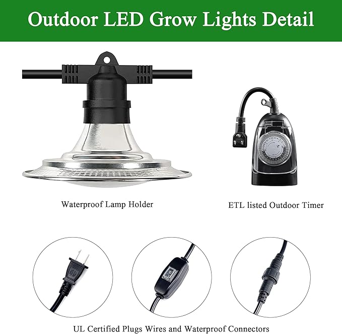 Outdoor LED Grow Lights, Waterproof String Plant Growing Light, Full Spectrum Growth Light with Timer, Suitable for Garden, Farm, Flower, Seedling Greenhouse Grow Light (12 Lights)
