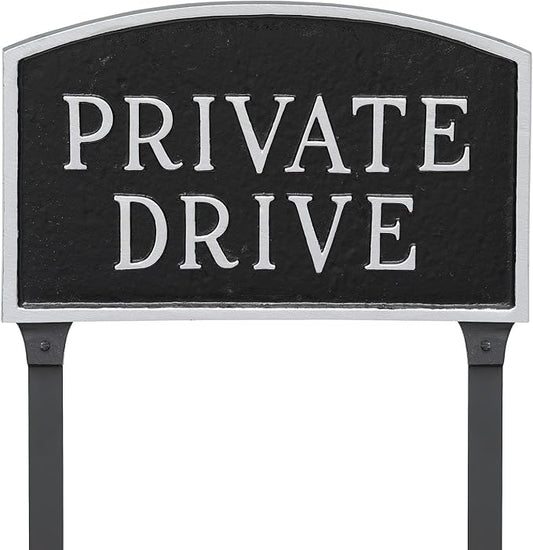 Montague Metal Products SP-12L-BS-LS Large Black and Silver Private Drive Arch Statement Plaque with 2 23-Inch Lawn Stakes