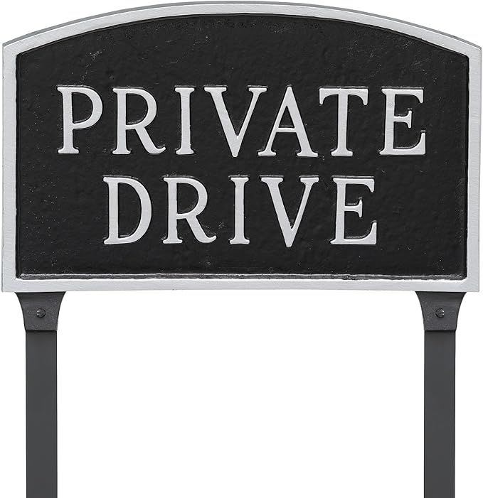 Montague Metal Products SP-12S-BS-LS Standard Black and Silver Private Drive Arch Statement Plaque with 2 23-Inch Lawn Stakes