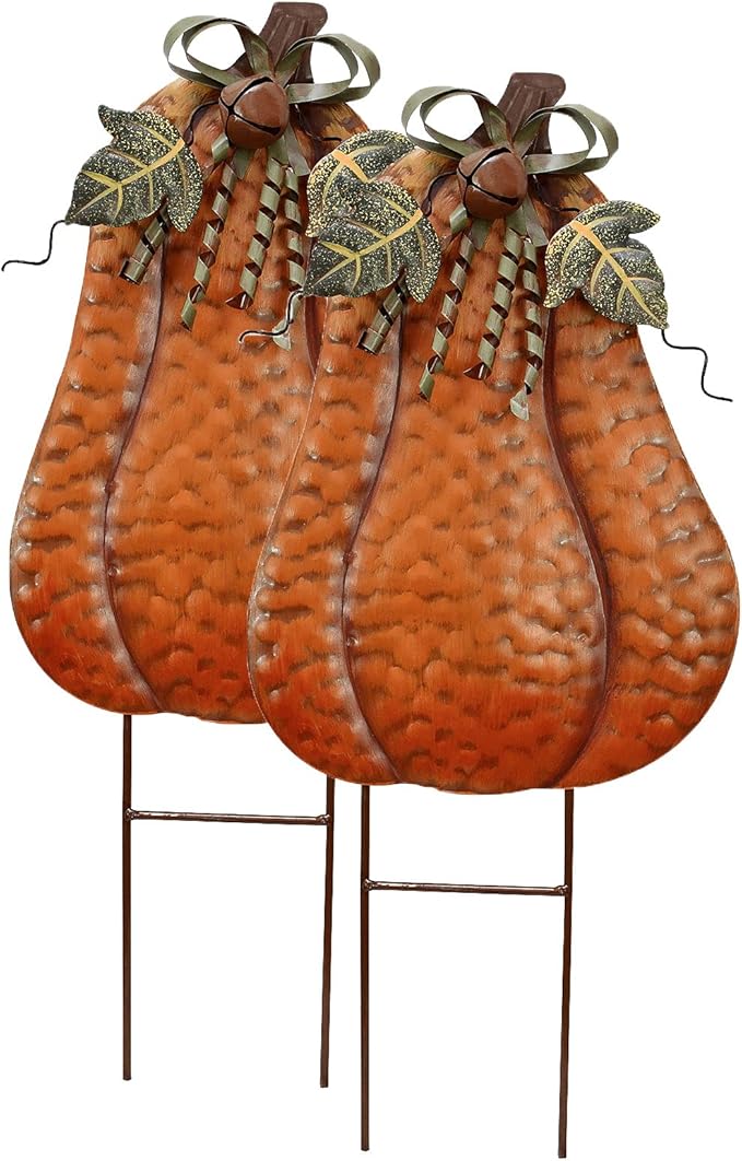 Morning View Pumpkin Garden Stakes Metal Yard Sign Fall Decor Outdoor Autumn Yard Stake Art Pumpkin Lawn Ornaments for Patio Porch Thanksgiving Halloween Harvest 20 Inches Tall Set of 2