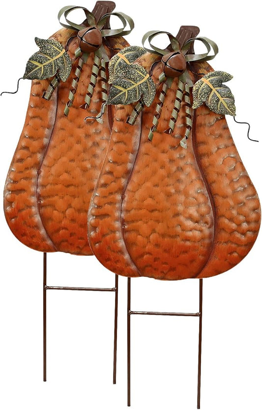 Morning View Pumpkin Garden Stakes Metal Yard Sign Fall Decor Outdoor Autumn Yard Stake Art Pumpkin Lawn Ornaments for Patio Porch Thanksgiving Halloween Harvest 20 Inches Tall Set of 2