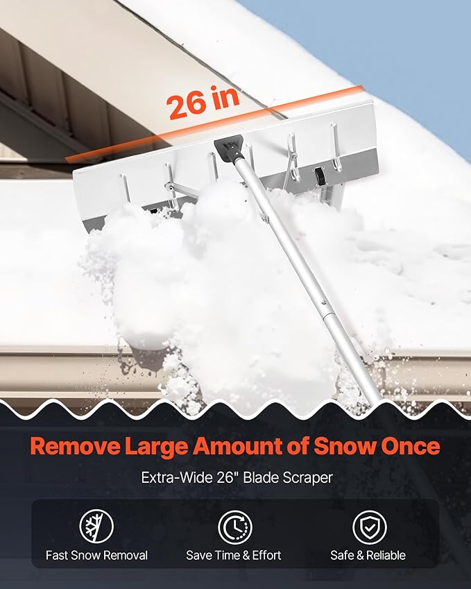 VEVOR Snow Roof Rake, 26 in Aluminum Blade, 7.5-20 ft Adjustable Roof Snow Scraper with Wheels, Anti-Slip Handle Snows Removal Tool, Lightweight House Rooftop Rake for Leaves Debris Removal