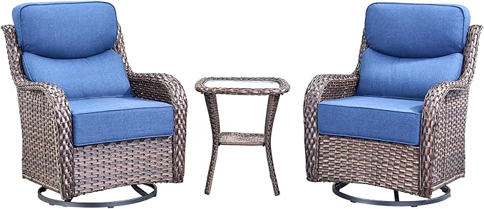 Luxury High Back Outdoor Swivel Rocker Patio Chairs with Side Table & 6-Inch Thick Cushions, 3 Pieces Patio Furniture Set for Porch, Balcony, Deck and Yard