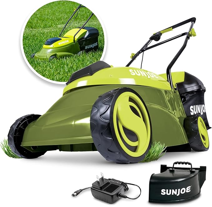 Sun Joe Cordless Lawn Mower, 14" Electric Walk Behind Grass Cutter with 3 Position Height Adjustment and Detachable Catcher, Green, MJ401C-PRO