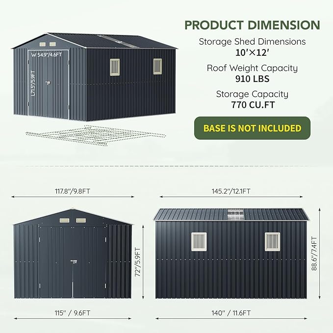 10x12 FT Outdoor Metal Storage Shed, Double Swing Doors, 2 Clear Windows, Replaceable Skylight Roof Panel, Tool Shed for Garden, Patio, Backyard