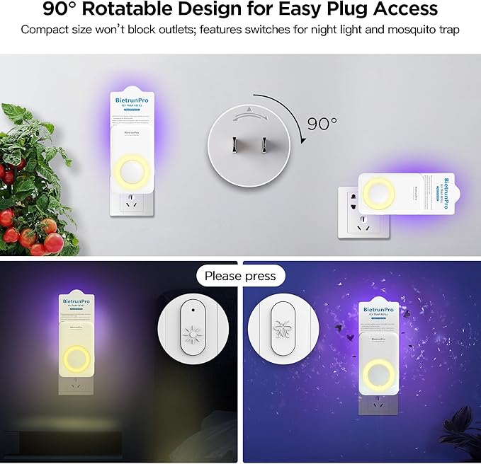 Fly Traps Indoors(2 Device+10 Refills), Gnat Traps for House Indoor with Night Light, 3-in-1 UV/Blue/Yellow Light Plug-in Flying Insect Traps, Fruit Fly Killer, NAT Killer, Get Rid of Gnat Infestation