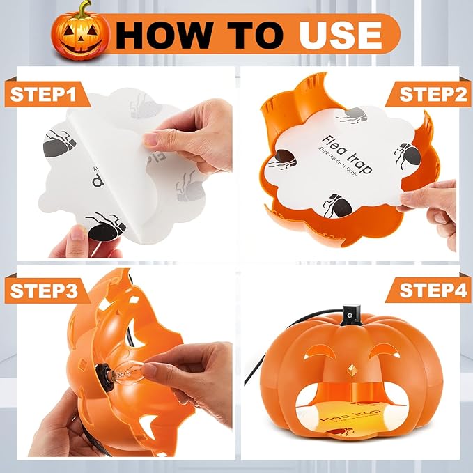 Qualirey 4 Pieces Flea Traps with 8 Sticky Disc 12 Bulbs 4 Electric Wires Pumpkin Halloween Flea Traps for Inside Your Home Light Trap for Indoor Safe to Pets