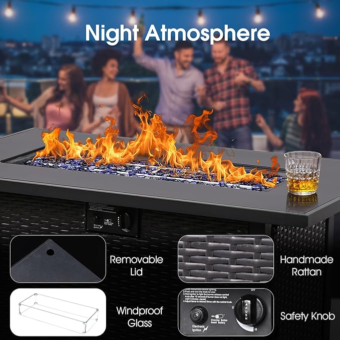 43'' Gas Fire Pit Table, Outdoor Rectangle Fire Pit Table with Cover, Glass Wind Guard & Glass Rock, 60000 BTU Stainless Steel H-Burner Fire Pit Tables for Outside Patio Backyard Garden (Rectangle)