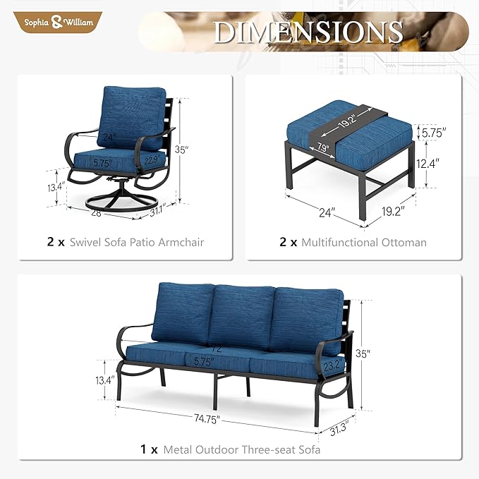 Sophia & William Patio Furniture Sets for 5 Outdoor Metal Conversation Sets 5 Pcs with 2 x Cushioned Swivel Sofa Chairs, 2 x Ottomans as Coffee Table, 1 x 3-Seat Sofa, Backyard Poolside Peacock Blue